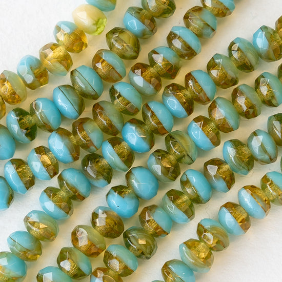 3x5mm Firepolished Rondelles - Amber and Turquoise - 33 Beads