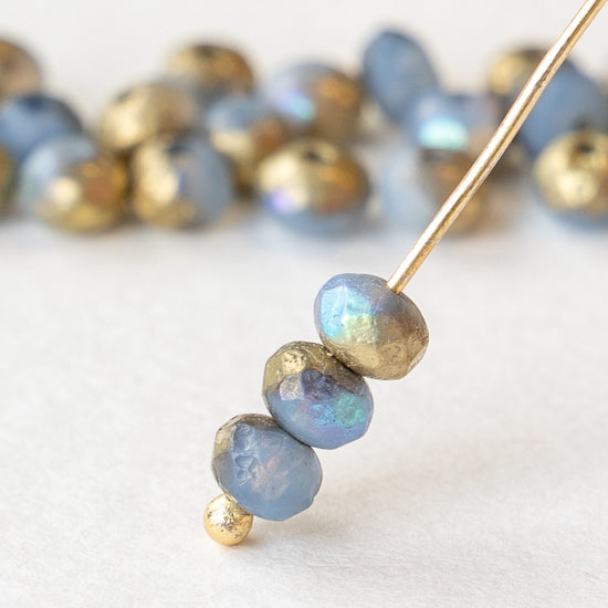 3x5mm Rondelle Beads - Cornflower with an Etched Gold Finish - 30 beads