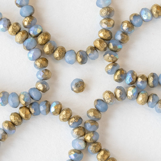 3x5mm Rondelle Beads - Cornflower with an Etched Gold Finish - 30 beads