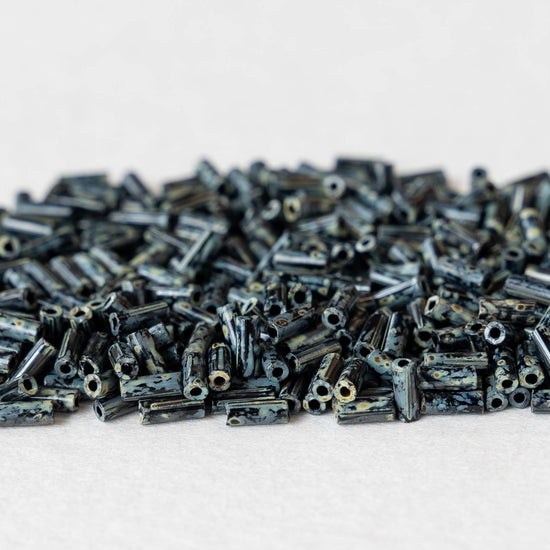 4mm Bugle Beads - Black with a Picasso Finish - 10 grams