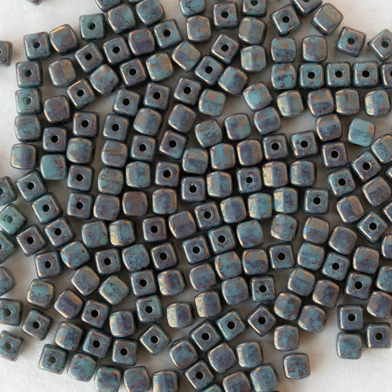 4mm Glass Cube Beads - Turquoise with a Pink Finish - 100 beads