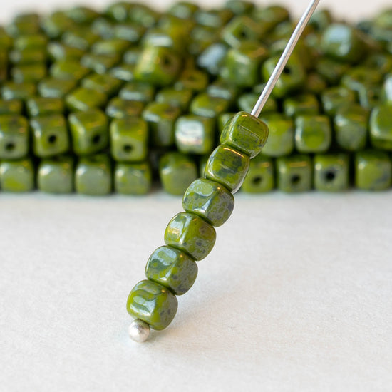 4mm Glass Cube Beads - Dark Olive  Luster with a Picasso Finish - 100 beads