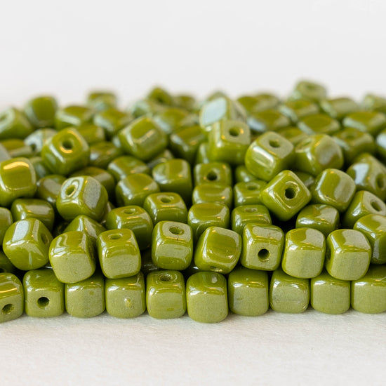 4mm Glass Cube Beads - Dark Olive  Luster with a Picasso Finish - 100 beads