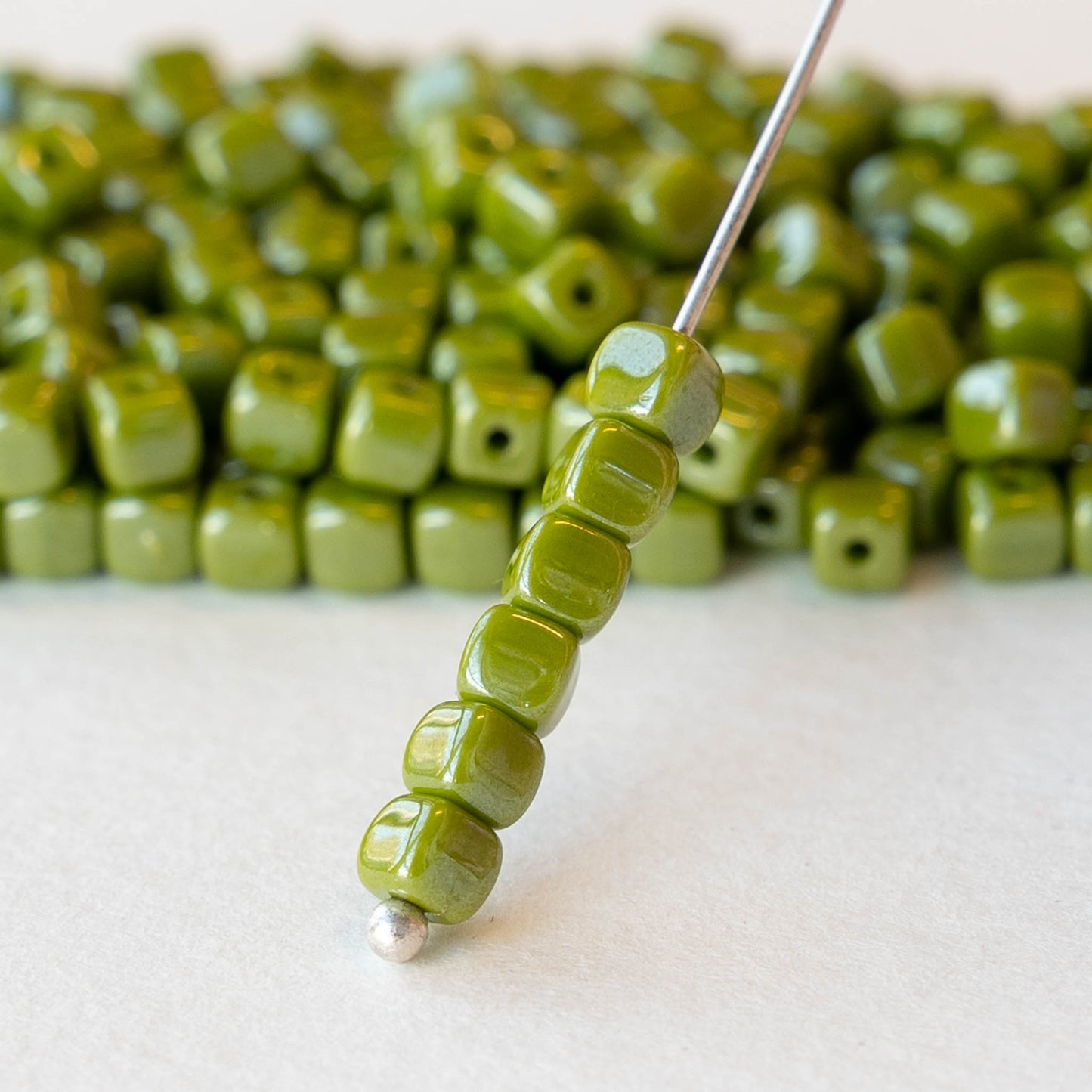 4mm Glass Cube Beads - Olive Green Luster - 100 beads