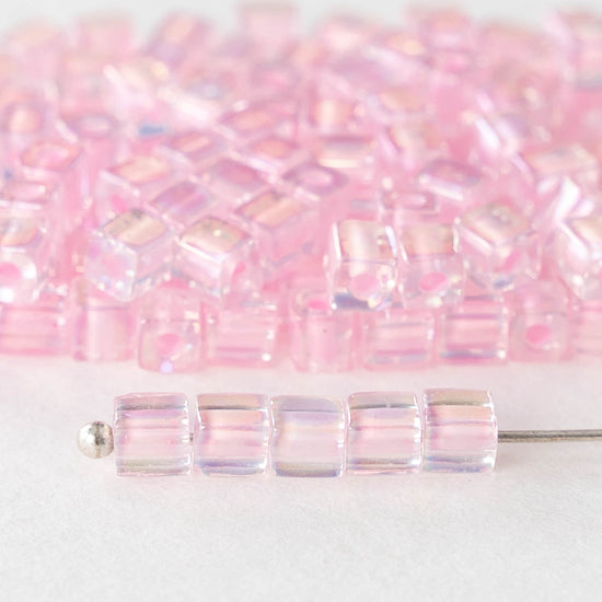 20 Grams Clear Hot Pink Lined Miyuki 4mm Square Cube Glass Seed, Loose Beads