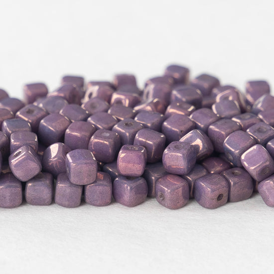 4mm Glass Cube Beads - Opaque Purple Luster - 100 beads
