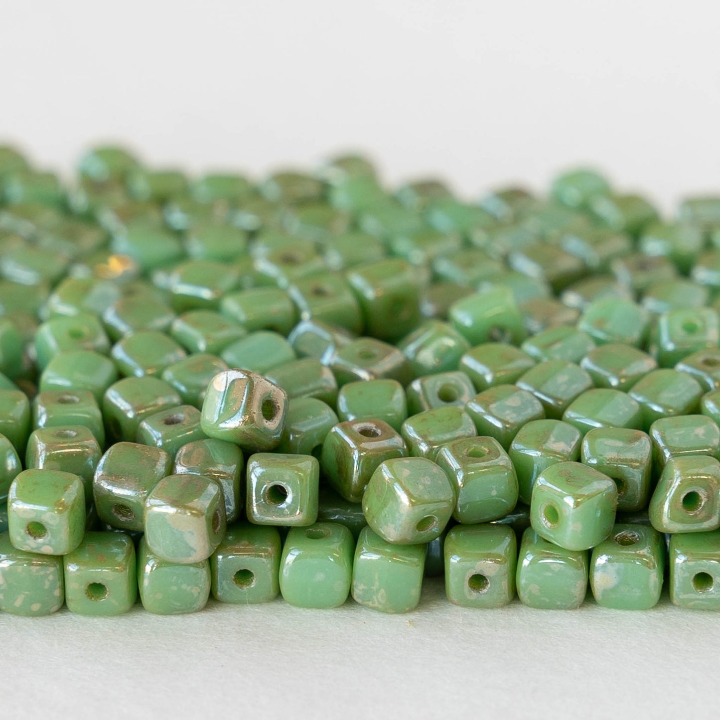 4mm Glass Cube Beads - Seafoam with Gold - 100 beads