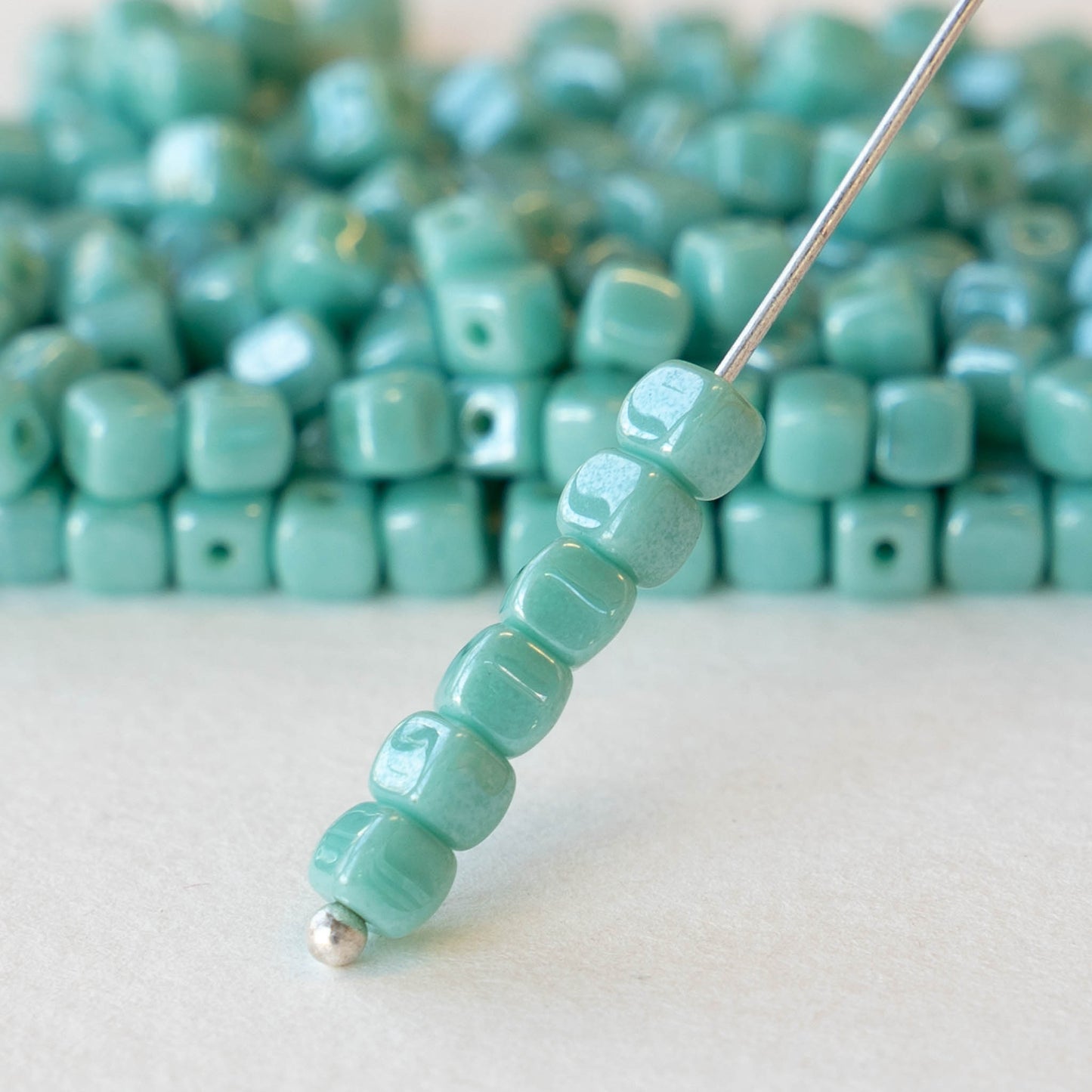 4mm Glass Cube Beads - Seafoam Green Luster - 100 beads