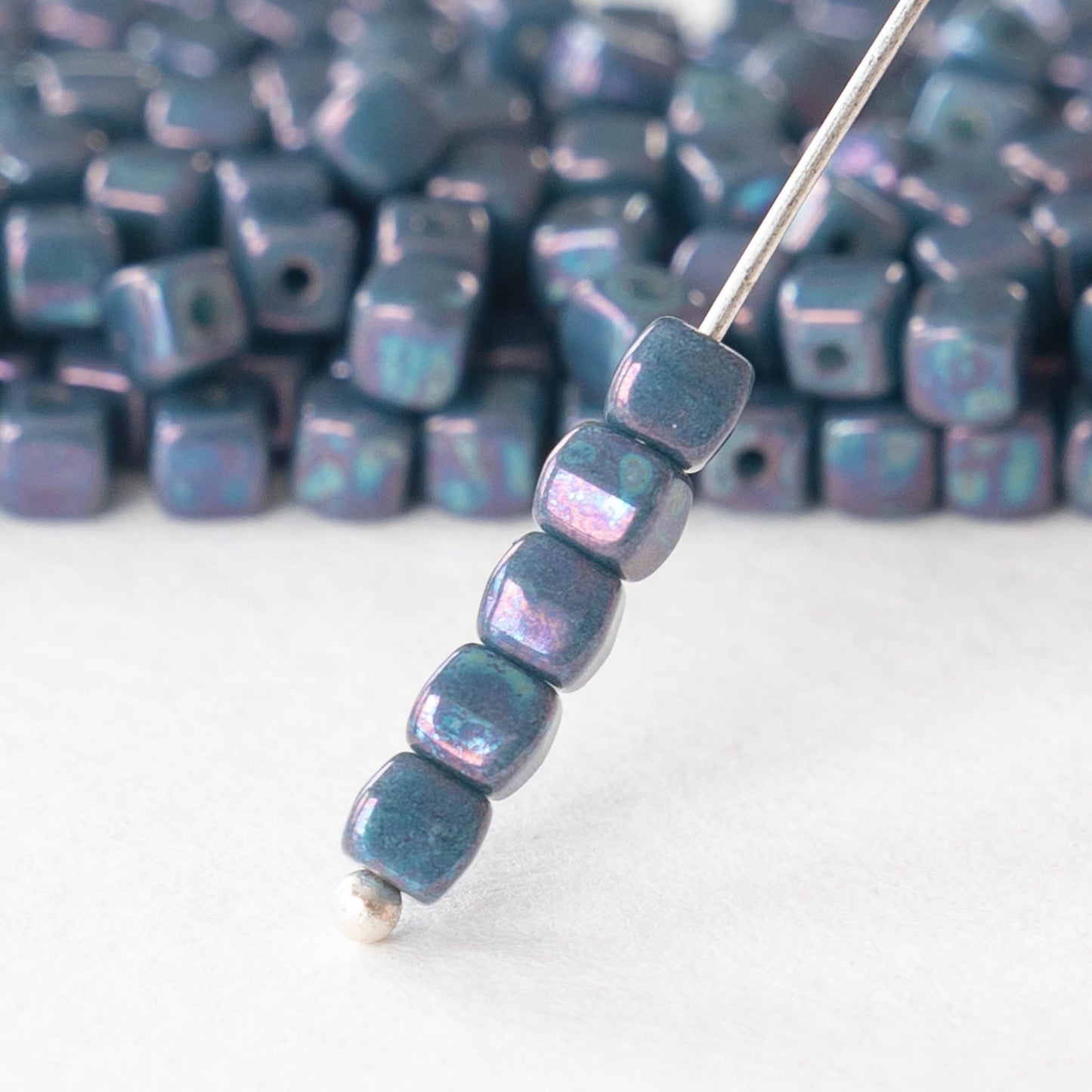 4mm Glass Cube Beads - Opaque Blue Purple Luster - 100 beads