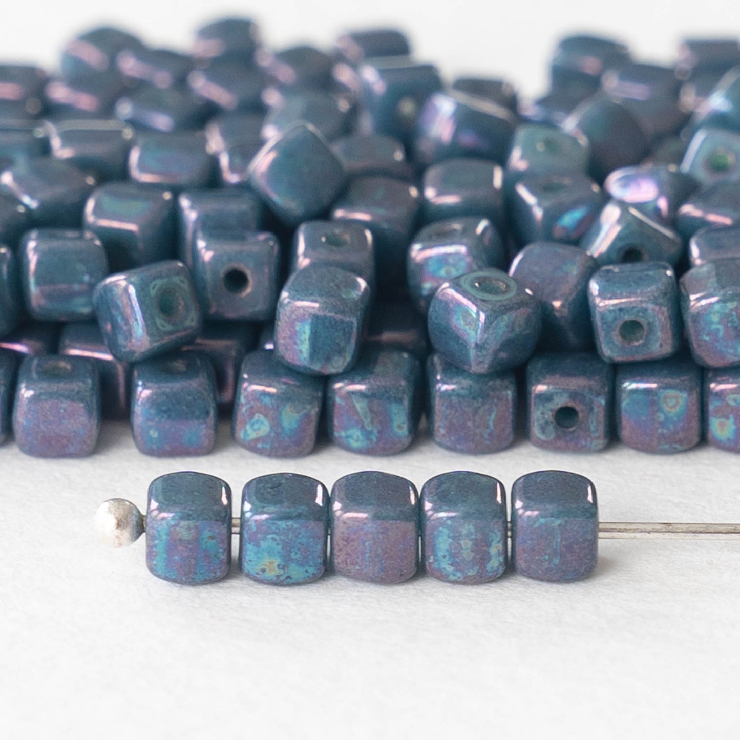 4mm Glass Cube Beads - Opaque Blue Purple Luster - 100 beads