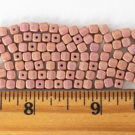 4mm Glass Cube Beads - Opaque Dusty Rose - 100 beads