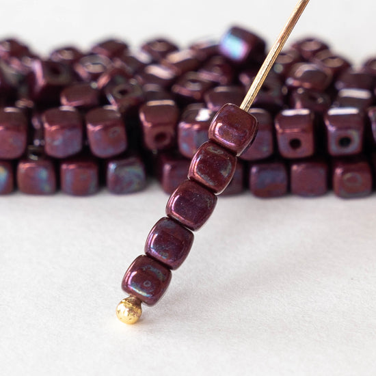 4mm Glass Cube Beads - Opaque Purple with Blue Luster - 100 beads