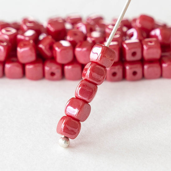 4mm Glass Cube Beads - Opaque Red with Pink Luster - 100 beads