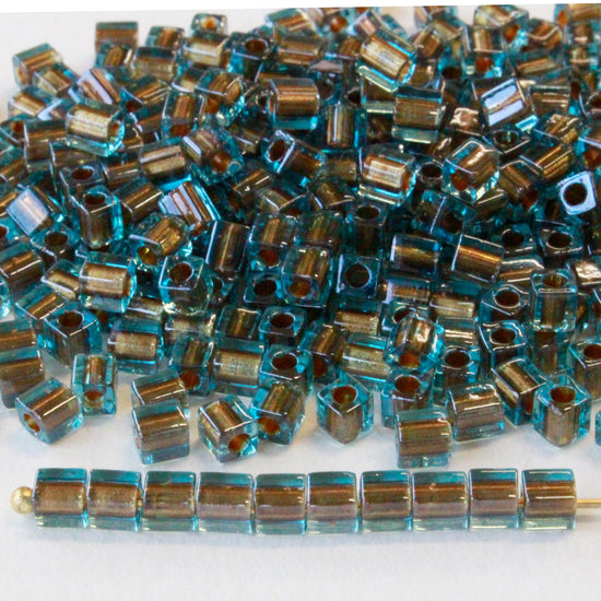 4mm Miyuki Cube Beads  - Gold Line Aqua - 20 or 60 grams