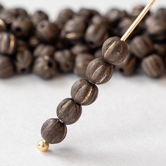 4mm Glass Melon Beads - Matte Brown with Gold Wash - 120 Beads