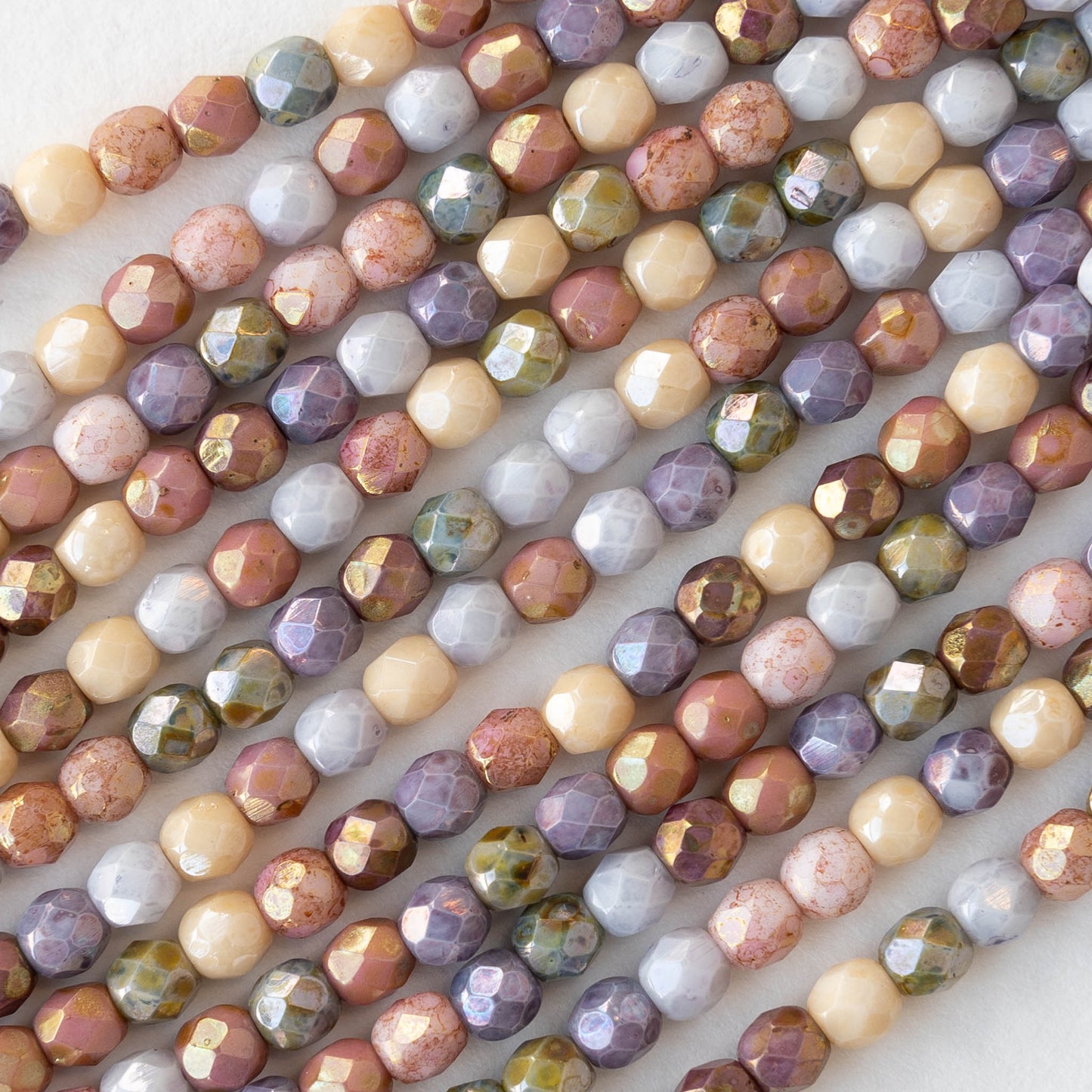 Load image into Gallery viewer, 4mm Round Firepolished Beads - Opaque Lustered Picasso Mix - 50 beads
