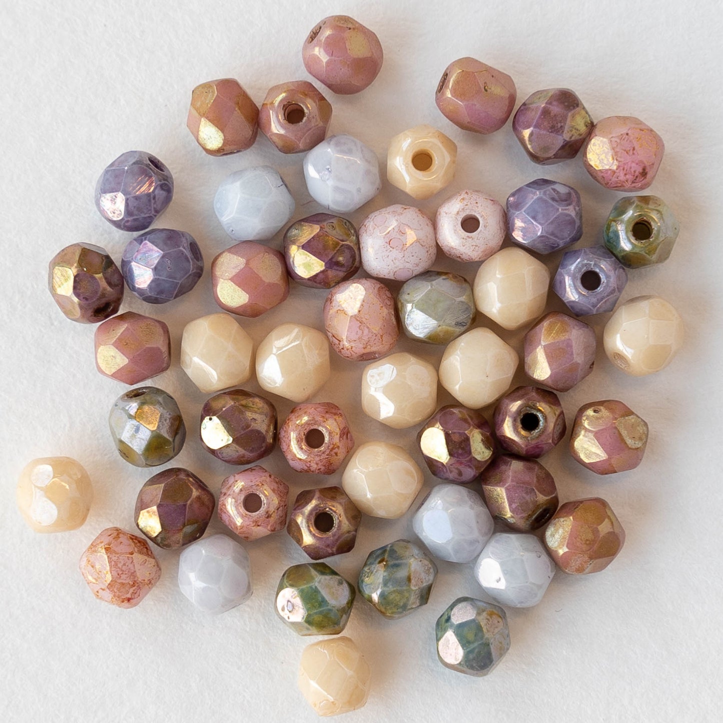 Load image into Gallery viewer, 4mm Round Firepolished Beads - Opaque Lustered Picasso Mix - 50 beads
