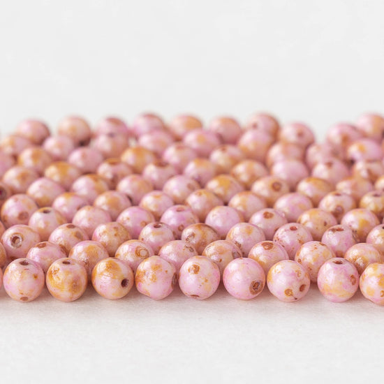 4mm Round Glass Beads - Light Pink Picasso - 100 Beads