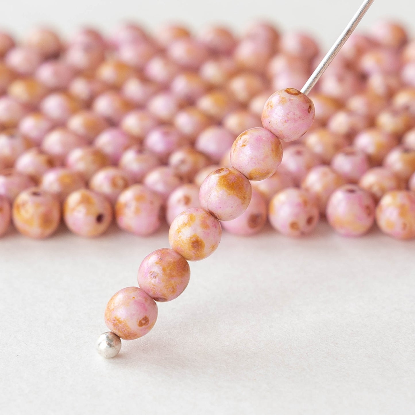 4mm Round Glass Beads - Light Pink Picasso - 100 Beads