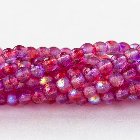 4mm Round Glass Beads - Etched Magenta Pink AB - 50 Beads