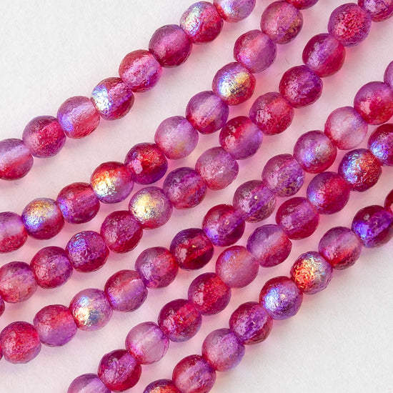 4mm Round Glass Beads - Etched Magenta Pink AB - 50 Beads