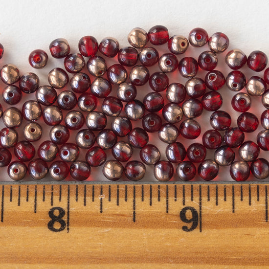 4mm Round Glass Beads - Red with Bronze - 100 Beads