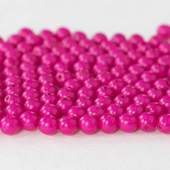 4mm Round Glass Beads - Opaque Hot Pink - 100 Beads