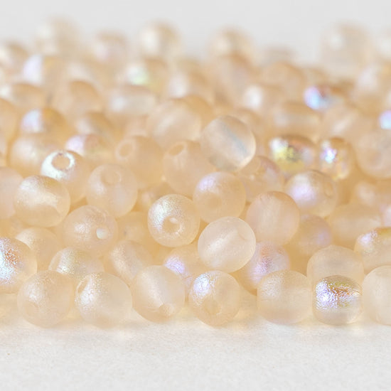 4mm Round Glass Beads - Frosted and Etched Champagne AB - 100 Beads