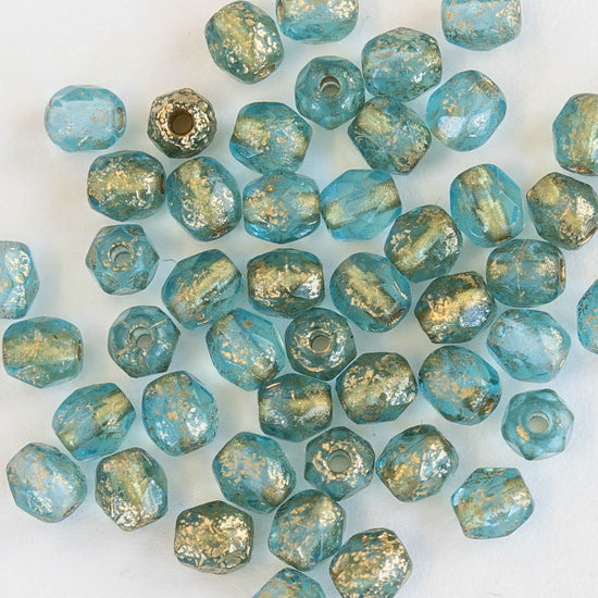 4mm Round Firepolished Beads - Etched Aqua with Gold Dust - 50 Beads