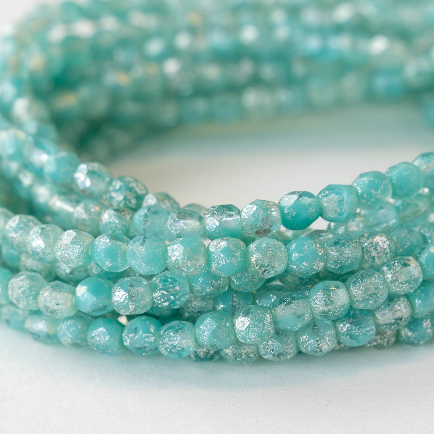 4mm Round Firepolished Beads - Aqua Mix with Silver Dust - 50 Beads