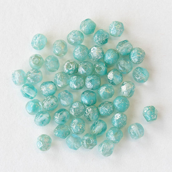 4mm Round Firepolished Beads - Aqua Mix with Silver Dust - 50 Beads