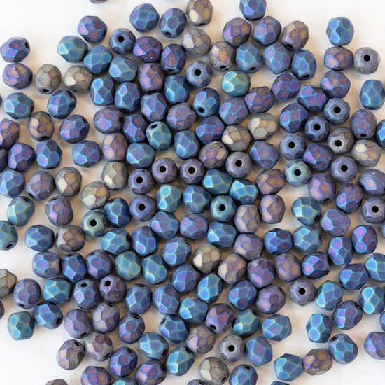 4mm Round Firepolished Beads - Matte Blue Iris - 50 Beads