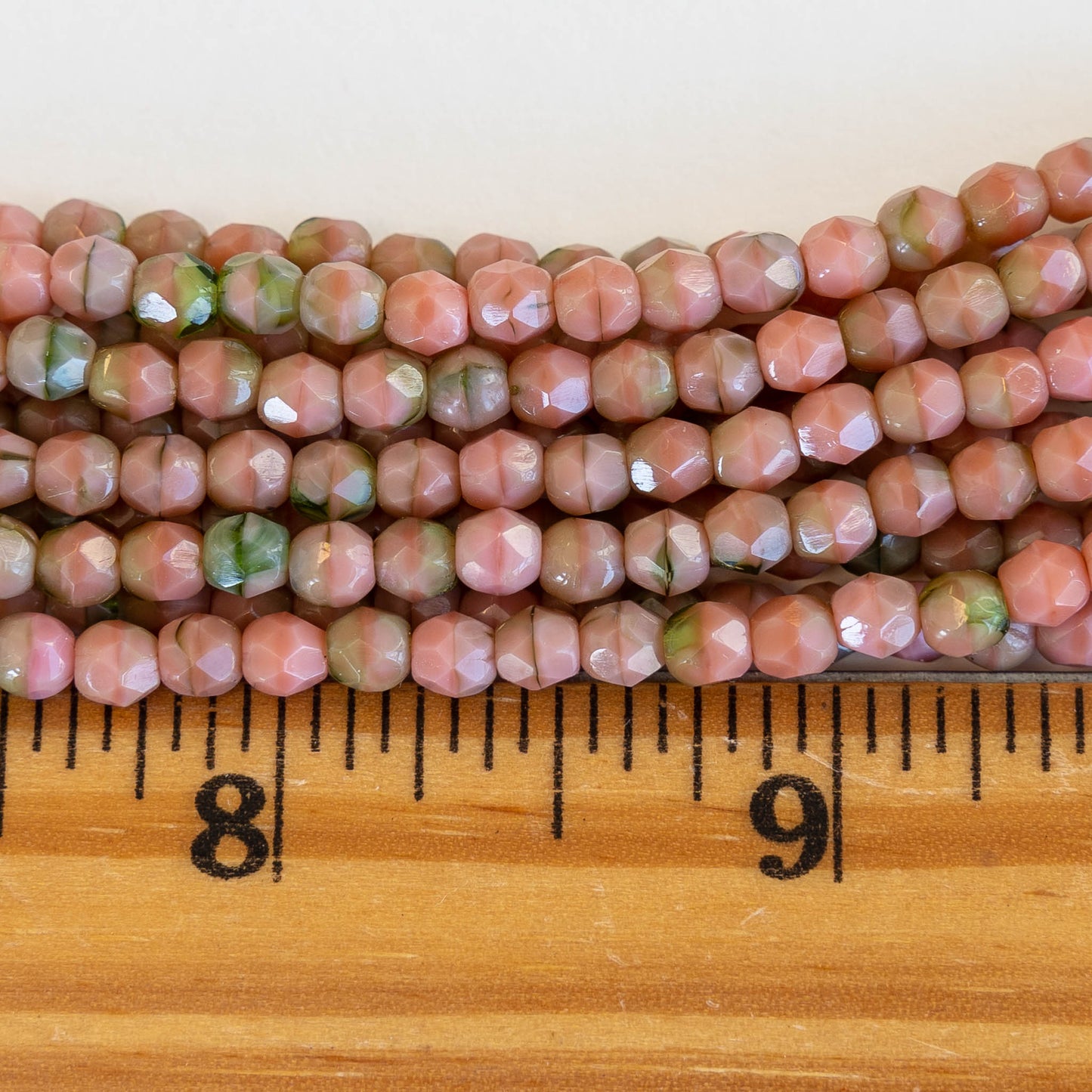 Load image into Gallery viewer, 4mm Round Firepolished Beads - Opaque Pink and Green - 50 Beads
