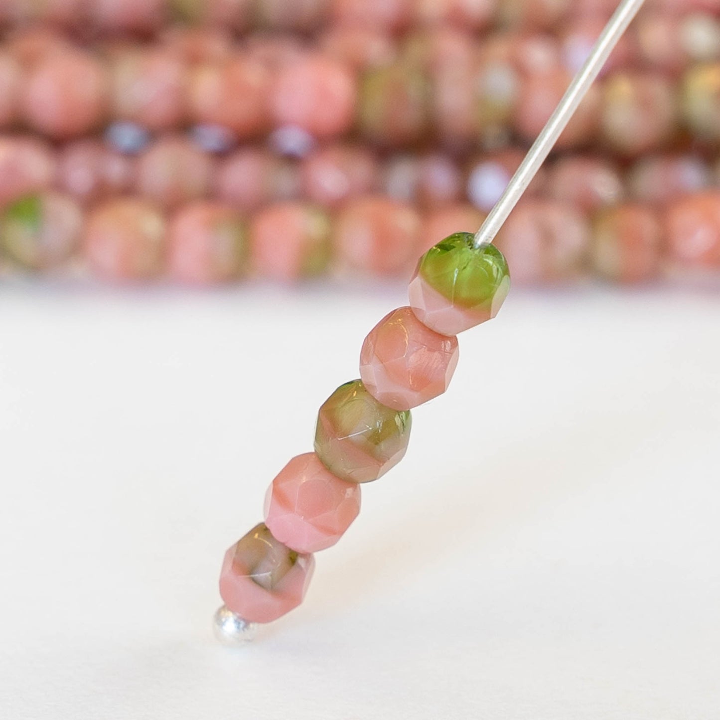 Load image into Gallery viewer, 4mm Round Firepolished Beads - Opaque Pink and Green - 50 Beads
