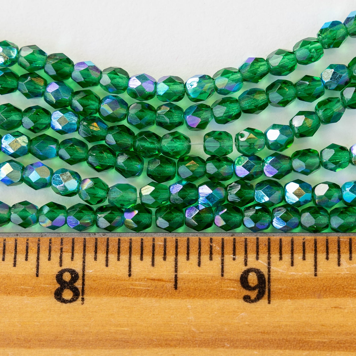 4mm Round Firepolished Beads - Emerald Green AB - 100 Beads