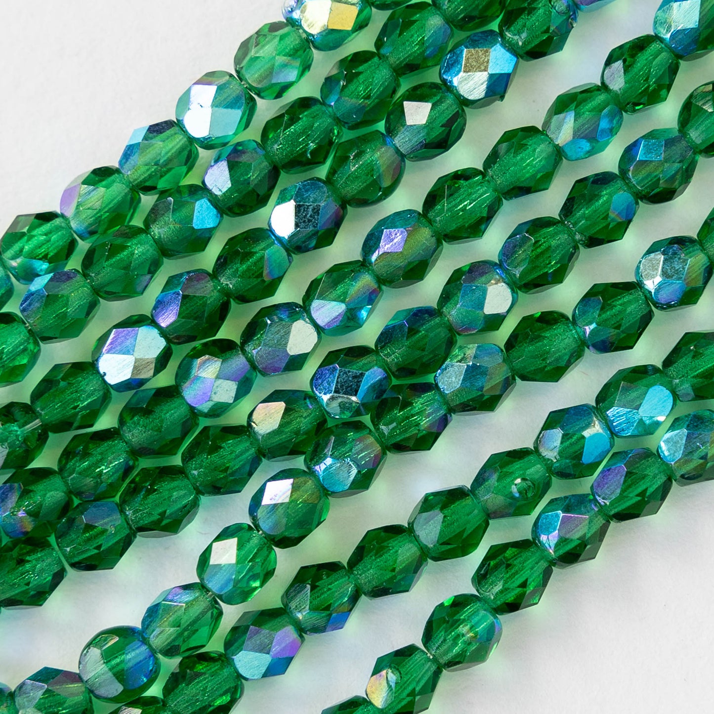 4mm Round Firepolished Beads - Emerald Green AB - 100 Beads