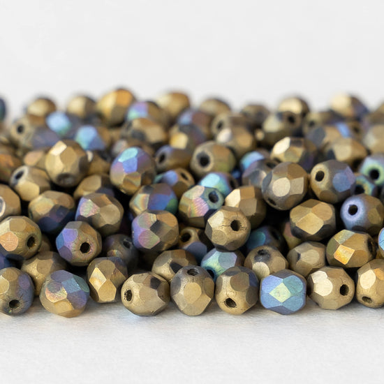 4mm Round Firepolished Beads - Matte Blue Gold - 100 Beads