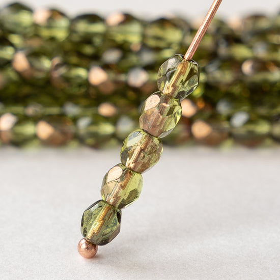 4mm Round Firepolished Beads - Olivine with A Bronze Half Coat - 50