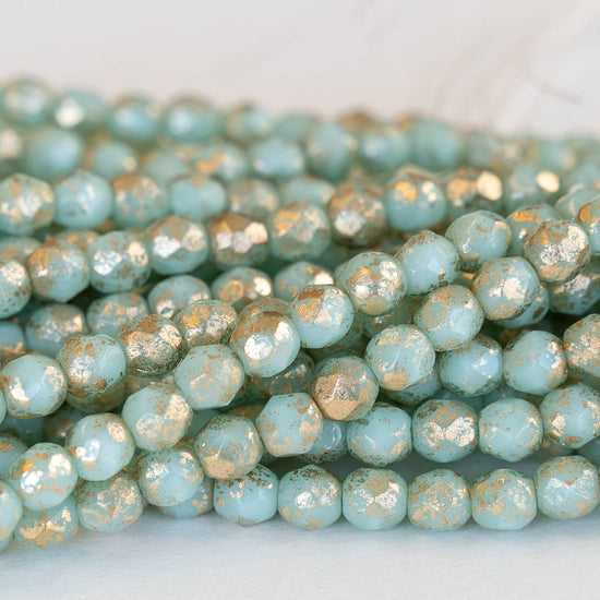 4mm Round Firepolished Beads -  Mint with Gold Finish - 50 Beads
