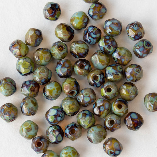 Load image into Gallery viewer, 4mm Round Firepolished Beads - Amber and Tea Green with Picasso Finish - 100 Beads
