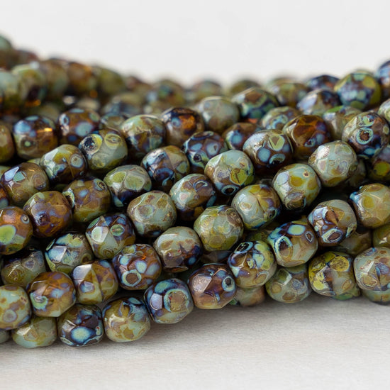 Load image into Gallery viewer, 4mm Round Firepolished Beads - Amber and Tea Green with Picasso Finish - 100 Beads

