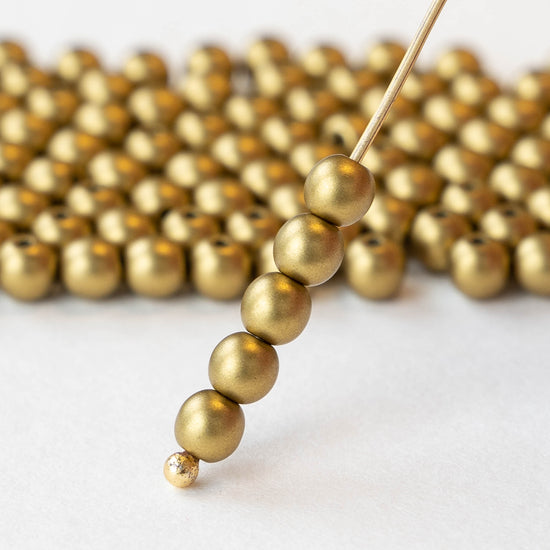 4mm Round Glass Beads - Yellow Gold Matte - 100 Beads