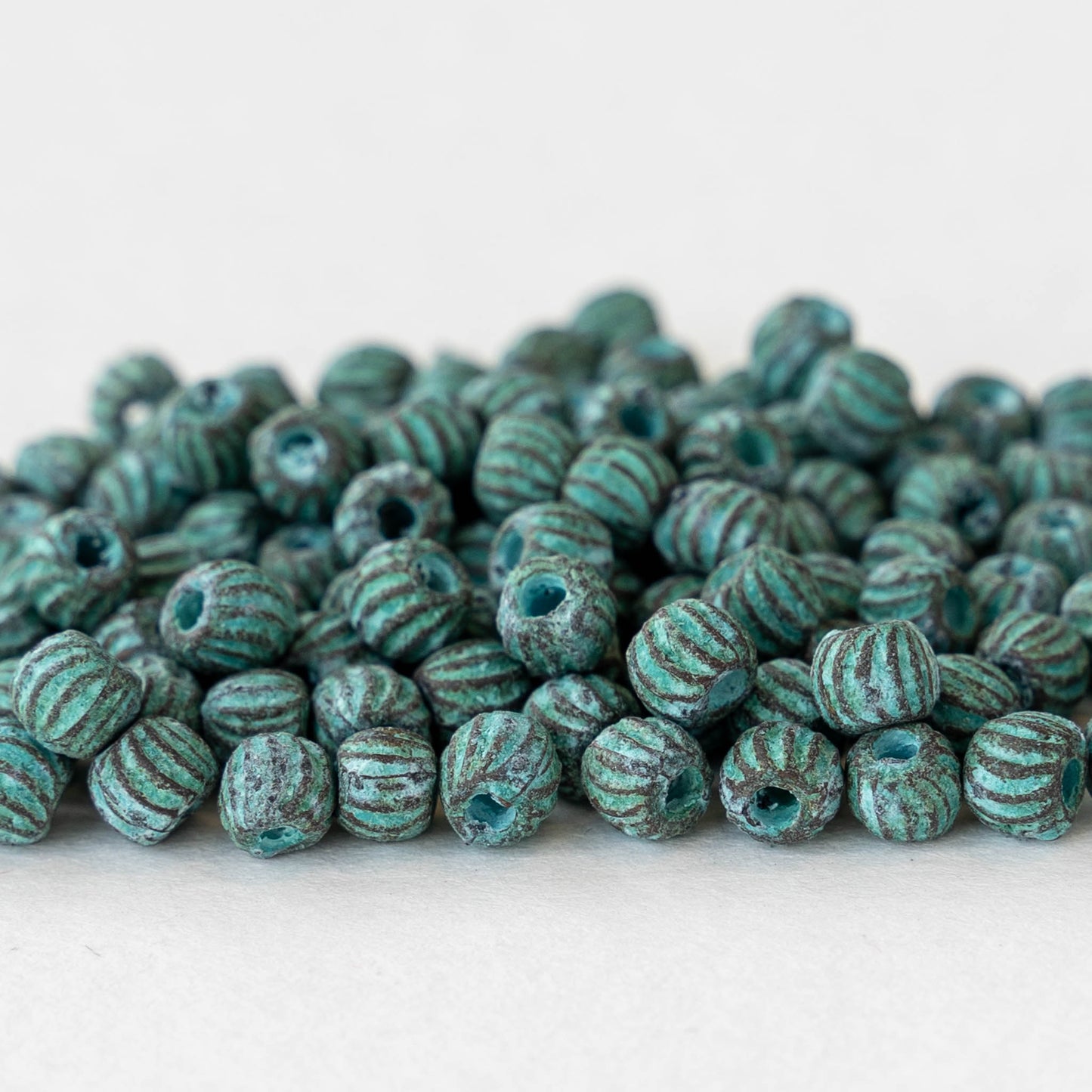 4mm Round Fluted Beads - Green Patina - 10
