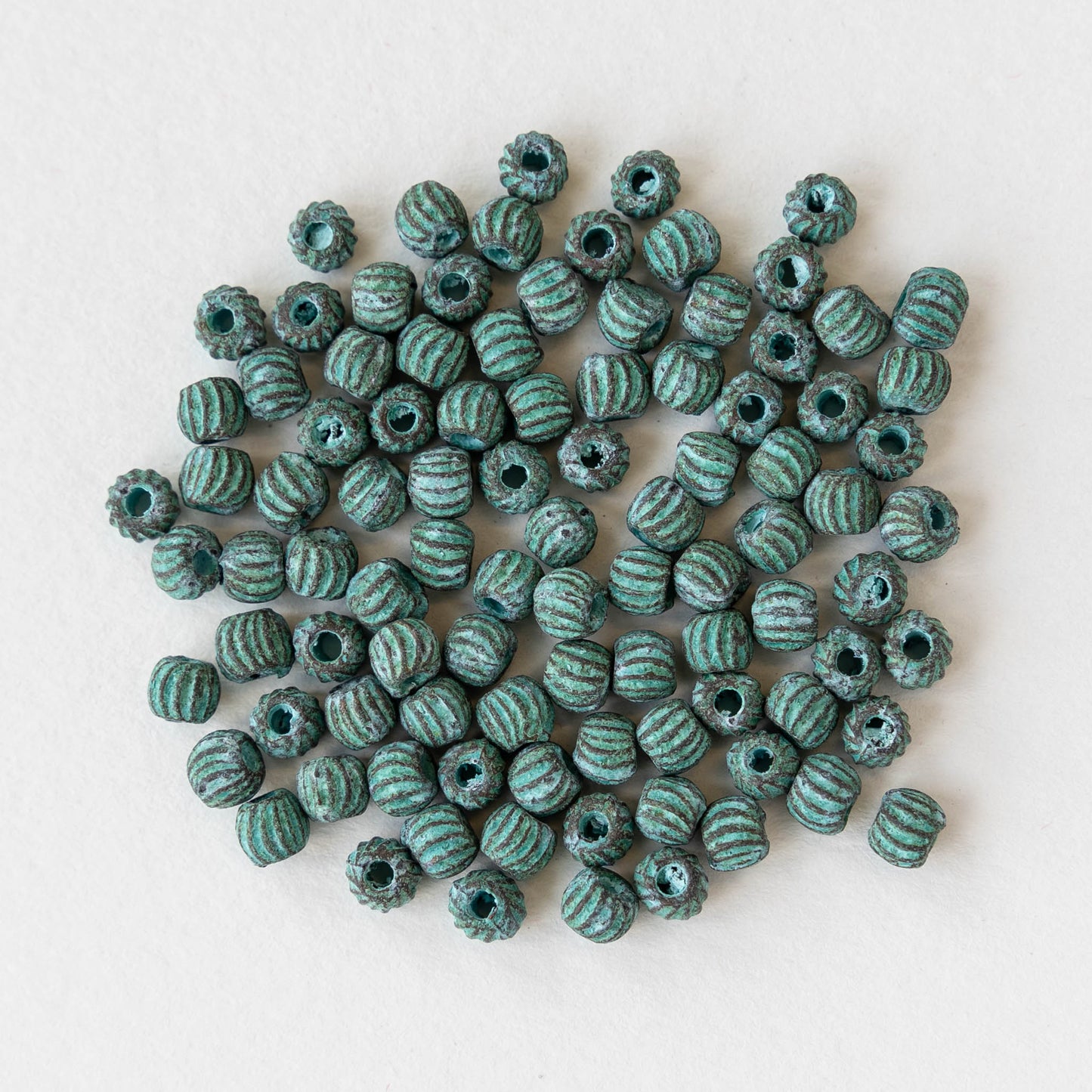 4mm Round Fluted Beads - Green Patina - 10