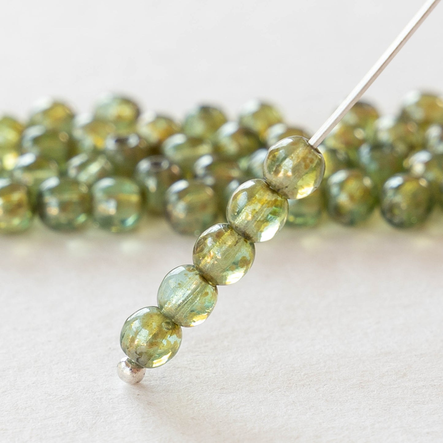 Load image into Gallery viewer, 4mm Round Glass Beads - Sage with Picasso Finish - 50 Beads
