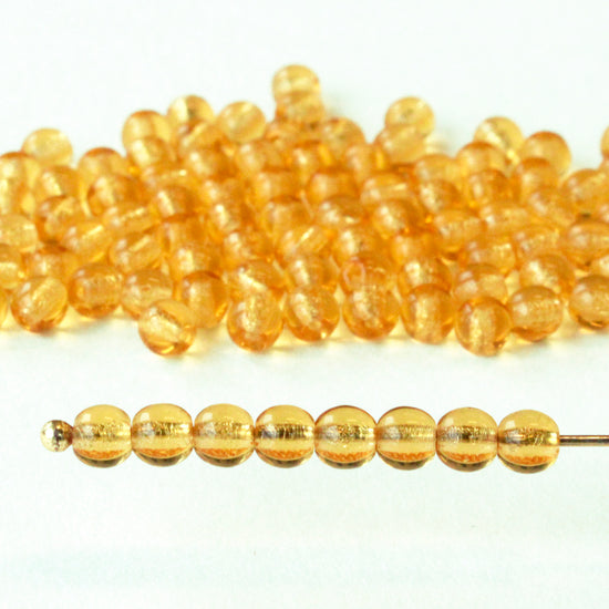 4mm Round Glass Beads - Transparent Light Amber - 100 Beads