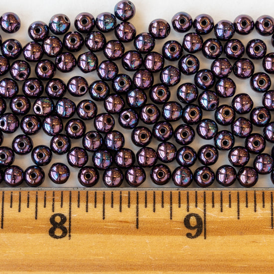 4mm Round Glass Beads - Deep Eggplant Purple - 100 Beads