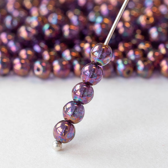 4mm Round Glass Beads - Purple Pink Iridescent - 100 Beads