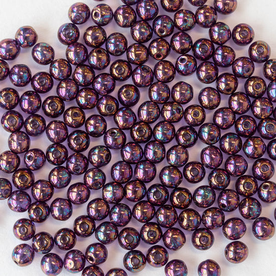 4mm Round Glass Beads - Blue with Purple Luster - 100 Beads