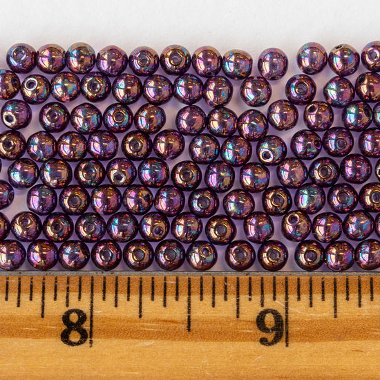 4mm Round Glass Beads - Purple Pink Iridescent - 100 Beads